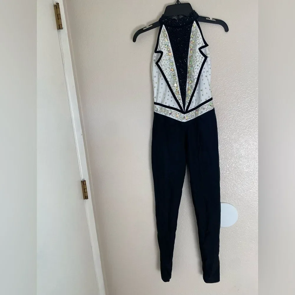 Glamour solo dance costume white black tux jumpsuit embellished LC-large child